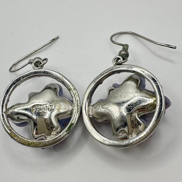 Franz Y2K Art Nouveau Revival purple porcelain iris flowers rhinestones earrings - Picture 7 of 8